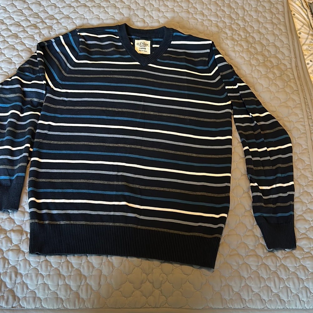 Mens L Old Navy Cotton Striped Blue Sweater